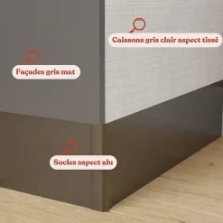 Kitchenette K00 - 100 cm - façades Gris - Plan monobloc en quartz coloris Cromo évier à gauche