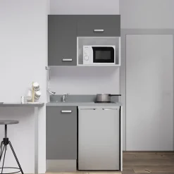 Kitchenette K00 - 100 cm - façades Gris - Plan monobloc en quartz coloris Cromo évier à gauche