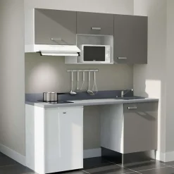 Kitchenette K55 - 180 cm - façades Gris - Plan monobloc en quartz coloris Cromo évier à droite - Electroménager Blanc