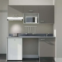 Kitchenette K55 - 180 cm - façades Gris - Plan monobloc en quartz coloris Cromo évier à droite - Electroménager Blanc