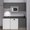 Kitchenette K55 - 180 cm - façades Gris - Plan monobloc en quartz coloris Nero évier à droite