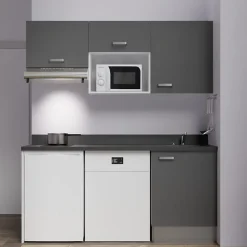 Kitchenette K55 - 180 cm - façades Gris - Plan monobloc en quartz coloris Nero évier à droite
