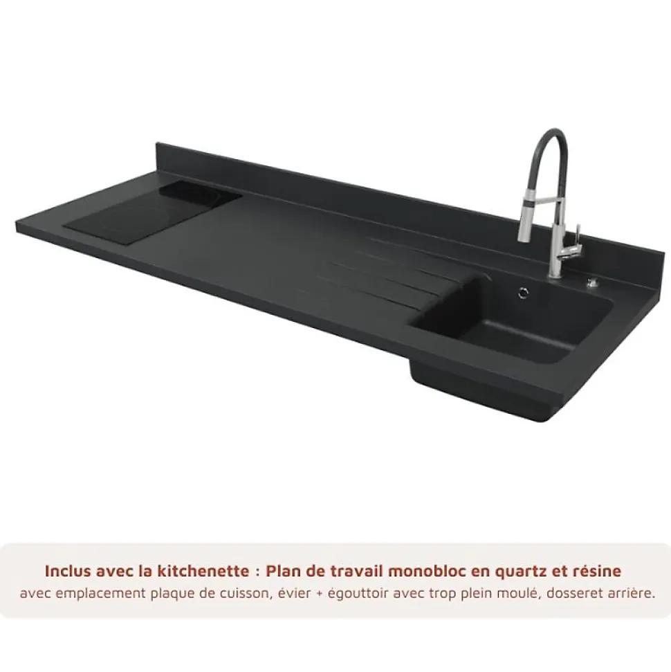 Kitchenette K55 - 180 cm - façades Gris - Plan monobloc en quartz coloris Nero évier à droite