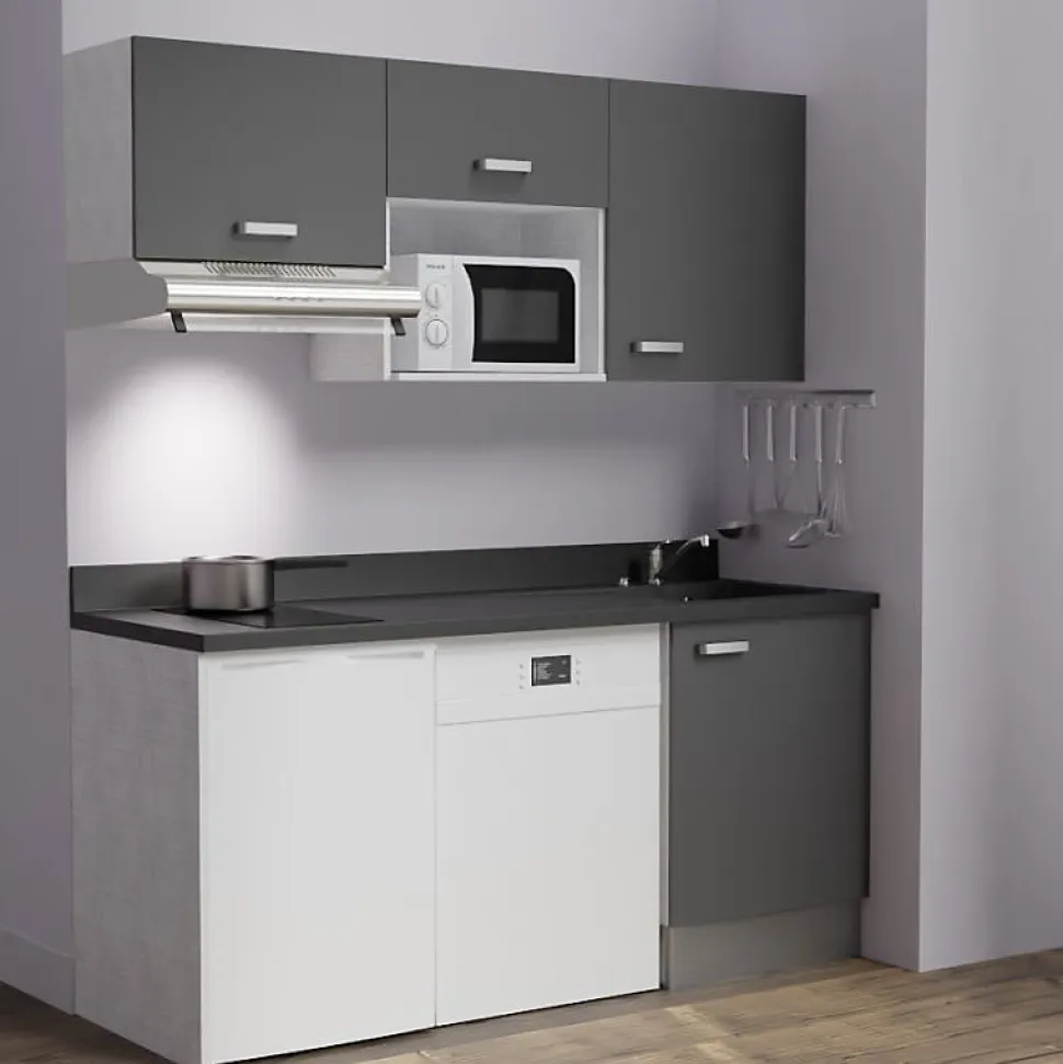 Kitchenette K55 - 180 cm - façades Gris - Plan monobloc en quartz coloris Nero évier à droite