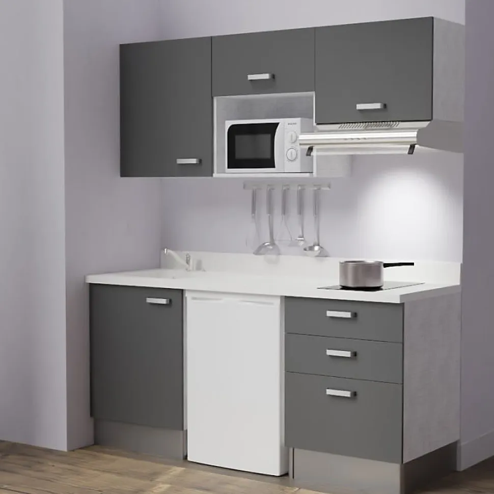 Kitchenette K20 - 180 cm - façades Gris - Plan monobloc en quartz coloris Snova évier à gauche