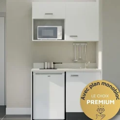 Kitchenette K07 - 120 cm - façades Blanc - Plan monobloc en quartz coloris Snova évier à droite