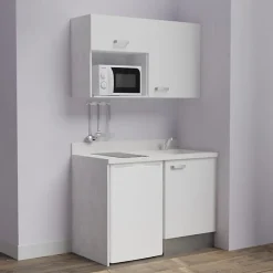 Kitchenette K07 - 120 cm - façades Blanc - Plan monobloc en quartz coloris Snova évier à droite
