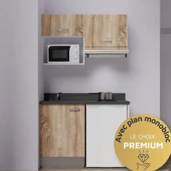 Kitchenette K02 - 120 cm - façades Bois - Plan monobloc en quartz coloris Nero évier à gauche