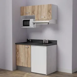 Kitchenette K02 - 120 cm - façades Bois - Plan monobloc en quartz coloris Nero évier à gauche