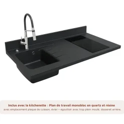 Kitchenette K02 - 120 cm - façades Bois - Plan monobloc en quartz coloris Nero évier à gauche