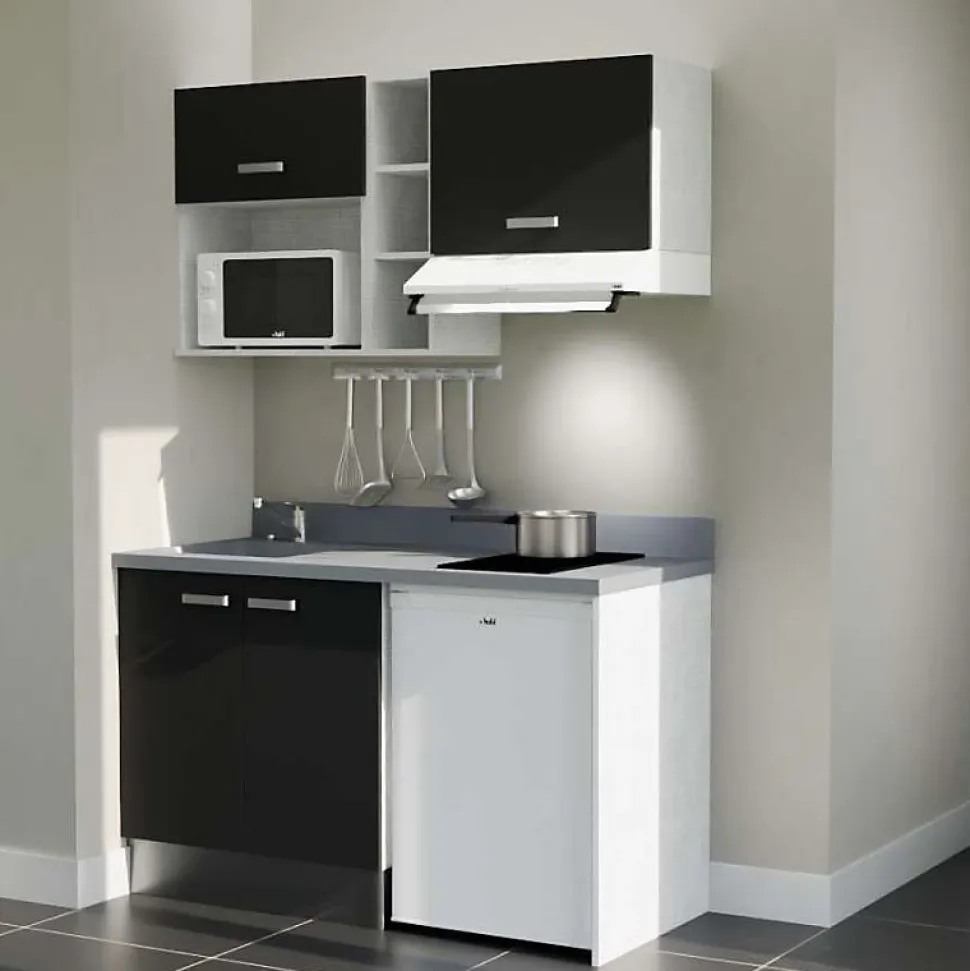 Kitchenette K13 - 140 cm - façades Noir - Plan monobloc en quartz coloris Cromo évier à gauche - Electroménager Blanc