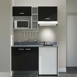 Kitchenette K13 - 140 cm - façades Noir - Plan monobloc en quartz coloris Cromo évier à gauche - Electroménager Blanc