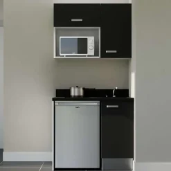 Kitchenette K00 - 100 cm - façades Noir - Plan monobloc en quartz coloris Nero évier à droite