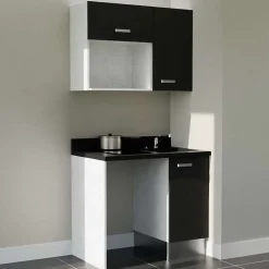Kitchenette K00 - 100 cm - façades Noir - Plan monobloc en quartz coloris Nero évier à droite