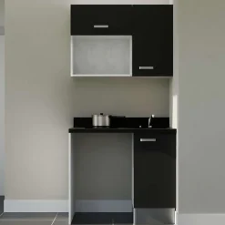 Kitchenette K00 - 100 cm - façades Noir - Plan monobloc en quartz coloris Nero évier à droite