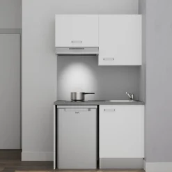 Kitchenette K01 - 120 cm - Façades : Blanc - Plan de travail : Gris béton - Crédences : Non - Evier Inox