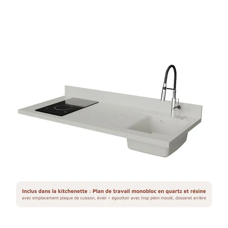 Kitchenette K17 - 140 cm - façades Bois - Plan monobloc en quartz coloris Snova évier à droite - Electroménager Blanc