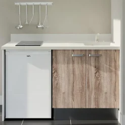 Kitchenette K17 - 140 cm - façades Bois - Plan monobloc en quartz coloris Snova évier à droite - Electroménager Blanc