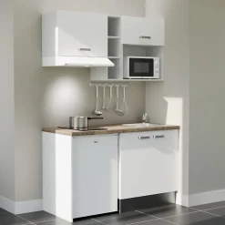 Kitchenette K13 - 140 cm - Façades : Blanc - Plan de travail : Bois - Crédences : Non - Evier