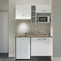 Kitchenette K13 - 140 cm - Façades : Blanc - Plan de travail : Bois - Crédences : Non - Evier