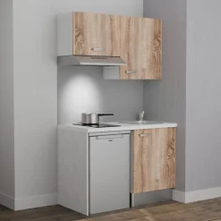 Kitchenette K01 - 120 cm - Façades : Bois - Plan de travail : Blanc - Crédences : Non - Evier Inox