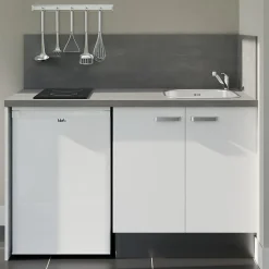 Kitchenette K17 - 140 cm - Façades : Blanc - Plan de travail : Gris - Crédences : Oui - Evier