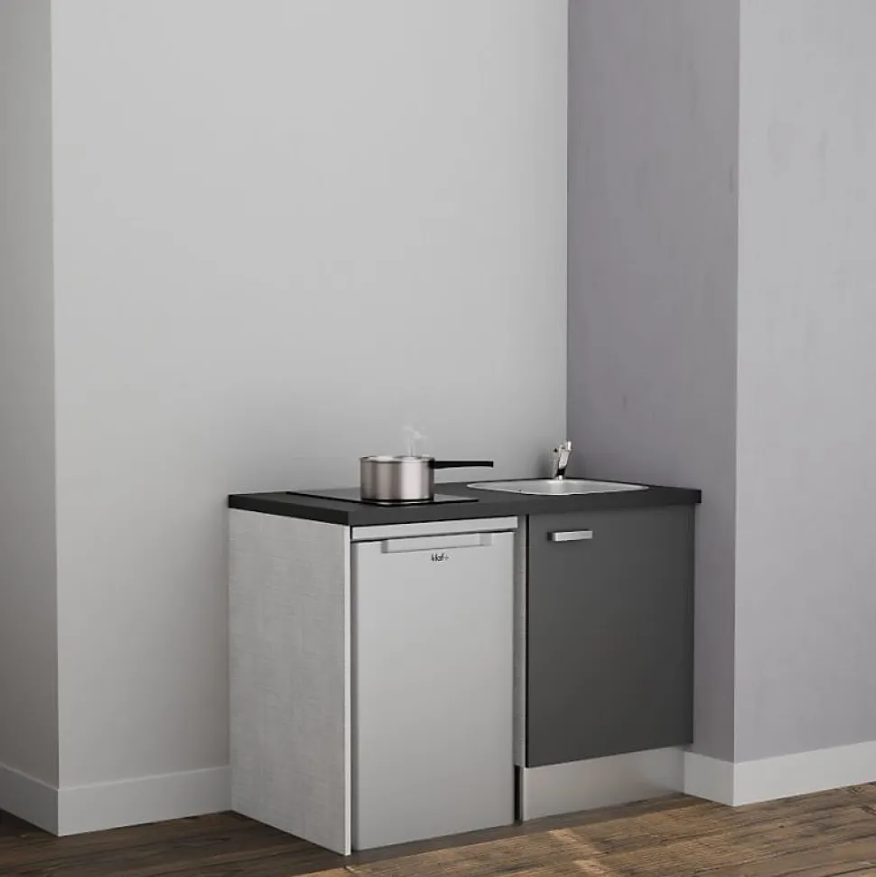 Kitchenette K08 - 120 cm - Façades : Gris - Plan de travail : Noir texturé - Crédences : Non - Evier Inox