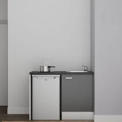Kitchenette K08 - 120 cm - Façades : Gris - Plan de travail : Noir texturé - Crédences : Non - Evier Inox