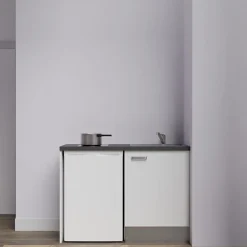 Kitchenette K08 - 120 cm - Façades : Blanc - Plan de travail : Noir texturé - Crédences : Non - Evier Gris