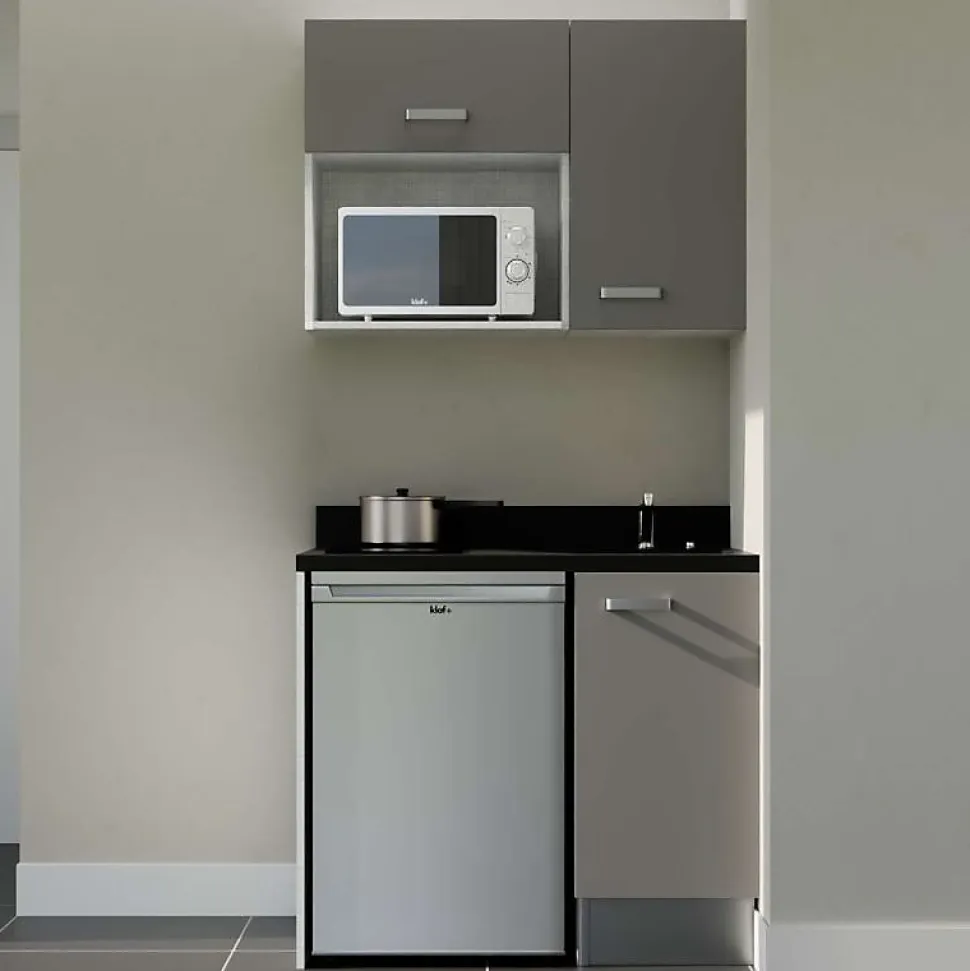 Kitchenette K00 - 100 cm - façades Gris - Plan monobloc en quartz coloris Nero évier à droite - Electroménager Inox