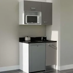 Kitchenette K00 - 100 cm - façades Gris - Plan monobloc en quartz coloris Nero évier à droite - Electroménager Inox