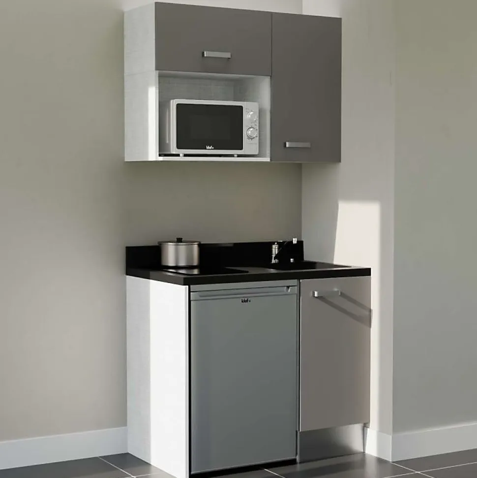 Kitchenette K00 - 100 cm - façades Gris - Plan monobloc en quartz coloris Nero évier à droite - Electroménager Inox