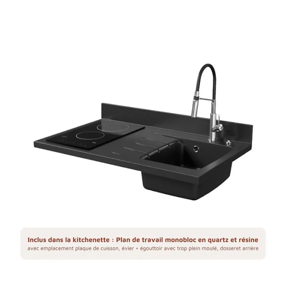 Kitchenette K00 - 100 cm - façades Gris - Plan monobloc en quartz coloris Nero évier à droite - Electroménager Inox