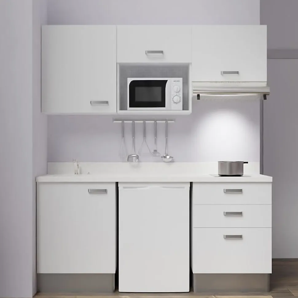 Kitchenette K20 - 180 cm - façades Blanc - Plan monobloc en quartz coloris Snova évier à gauche