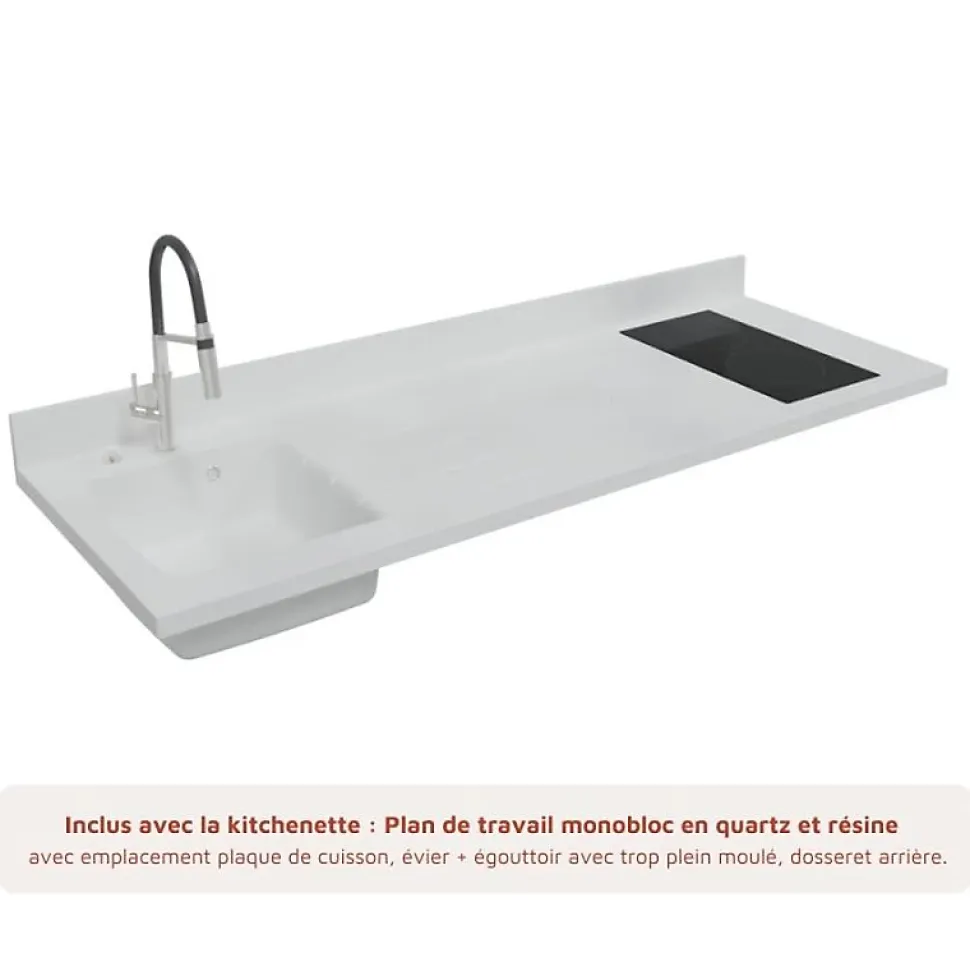 Kitchenette K20 - 180 cm - façades Blanc - Plan monobloc en quartz coloris Snova évier à gauche
