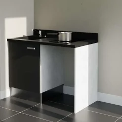 Kitchenette K08 - 120 cm - façades Noir - Plan monobloc en quartz coloris Nero évier à gauche