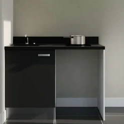 Kitchenette K08 - 120 cm - façades Noir - Plan monobloc en quartz coloris Nero évier à gauche