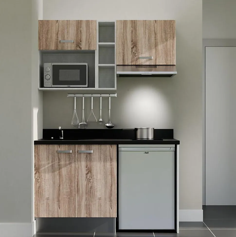 Kitchenette K13 - 140 cm - façades Bois - Plan monobloc en quartz coloris Nero évier à gauche - Electroménager Inox