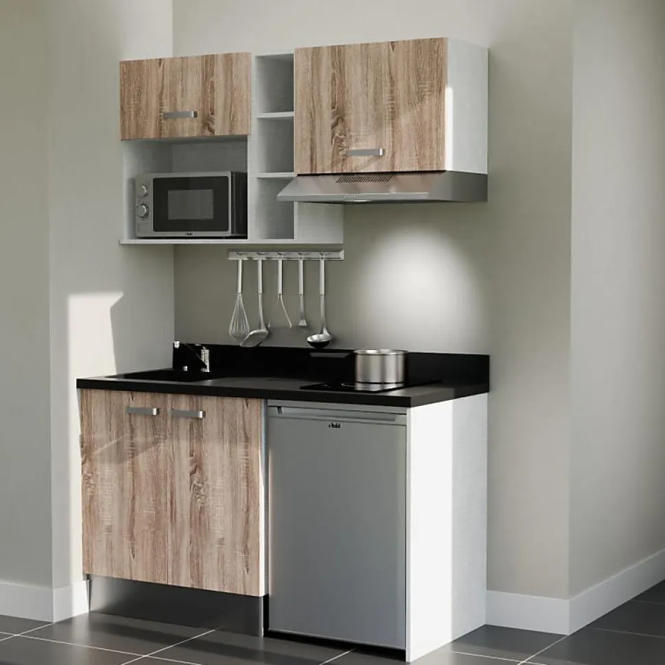 Kitchenette K13 - 140 cm - façades Bois - Plan monobloc en quartz coloris Nero évier à gauche - Electroménager Inox