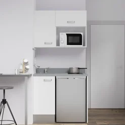 Kitchenette K00 - 100 cm - façades Blanc - Plan monobloc en quartz coloris Cromo évier à gauche