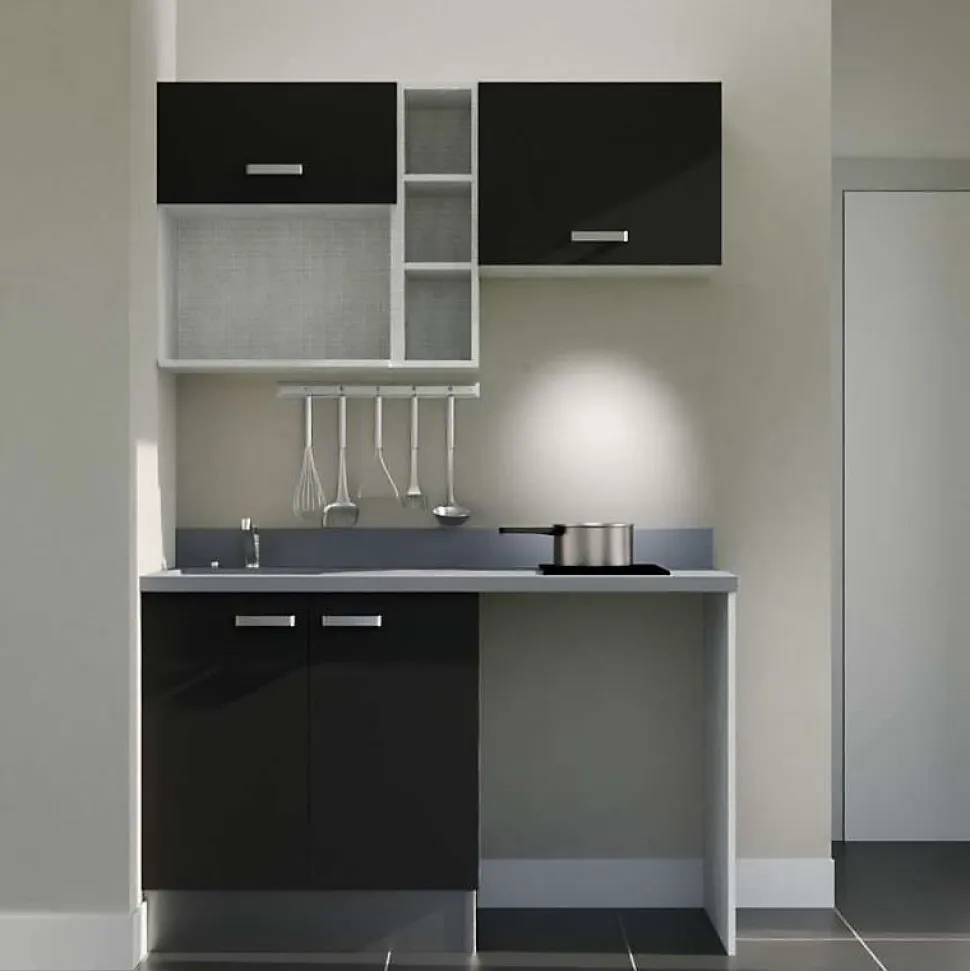 Kitchenette K13 - 140 cm - façades Noir - Plan monobloc en quartz coloris Cromo évier à gauche