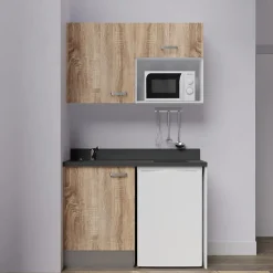 Kitchenette K07 - 120 cm - façades Bois - Plan monobloc en quartz coloris Nero évier à gauche