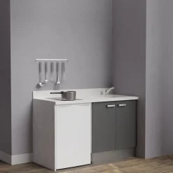 Kitchenette K17 - 140 cm - façades Gris - Plan monobloc en quartz coloris Snova évier à droite