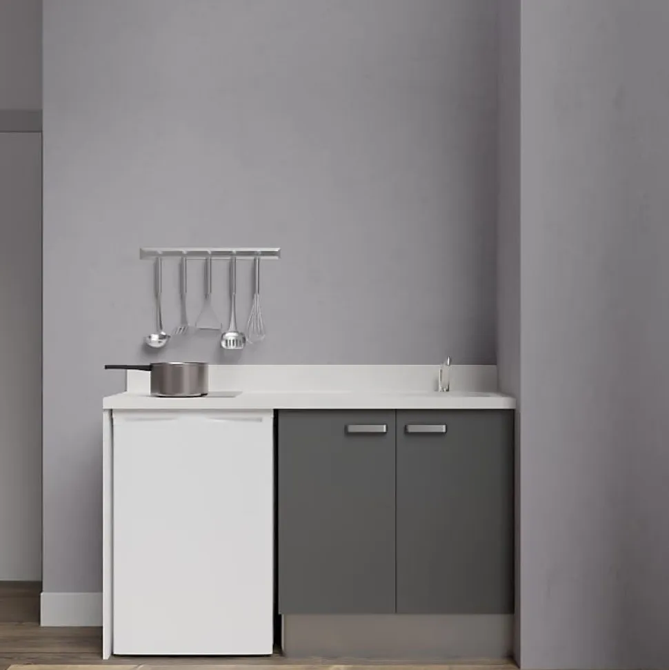 Kitchenette K17 - 140 cm - façades Gris - Plan monobloc en quartz coloris Snova évier à droite