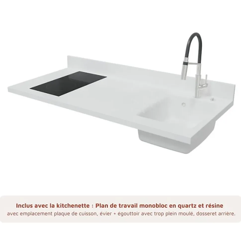 Kitchenette K17 - 140 cm - façades Gris - Plan monobloc en quartz coloris Snova évier à droite