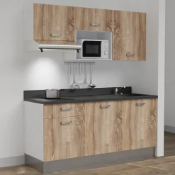 Kitchenette K30 - 180 cm - façades Bois - Plan monobloc en quartz coloris Nero évier à droite