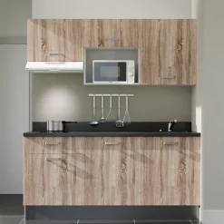 Kitchenette K30 - 180 cm - façades Bois - Plan monobloc en quartz coloris Nero évier à droite - Electroménager Blanc