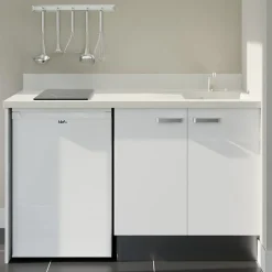 Kitchenette K17 - 140 cm - façades Blanc - Plan monobloc en quartz coloris Snova évier à droite - Electroménager Blanc
