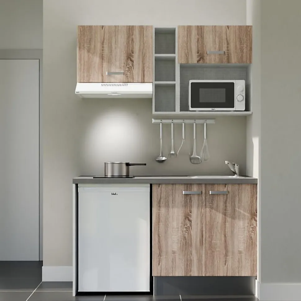 Kitchenette K13 - 140 cm - Façades : Bois - Plan de travail : Gris - Crédences : Non - Evier