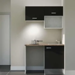 Kitchenette K02 - 120 cm - Façades : Noir - Plan de travail : Bois - Crédences : Non - Evier Inox